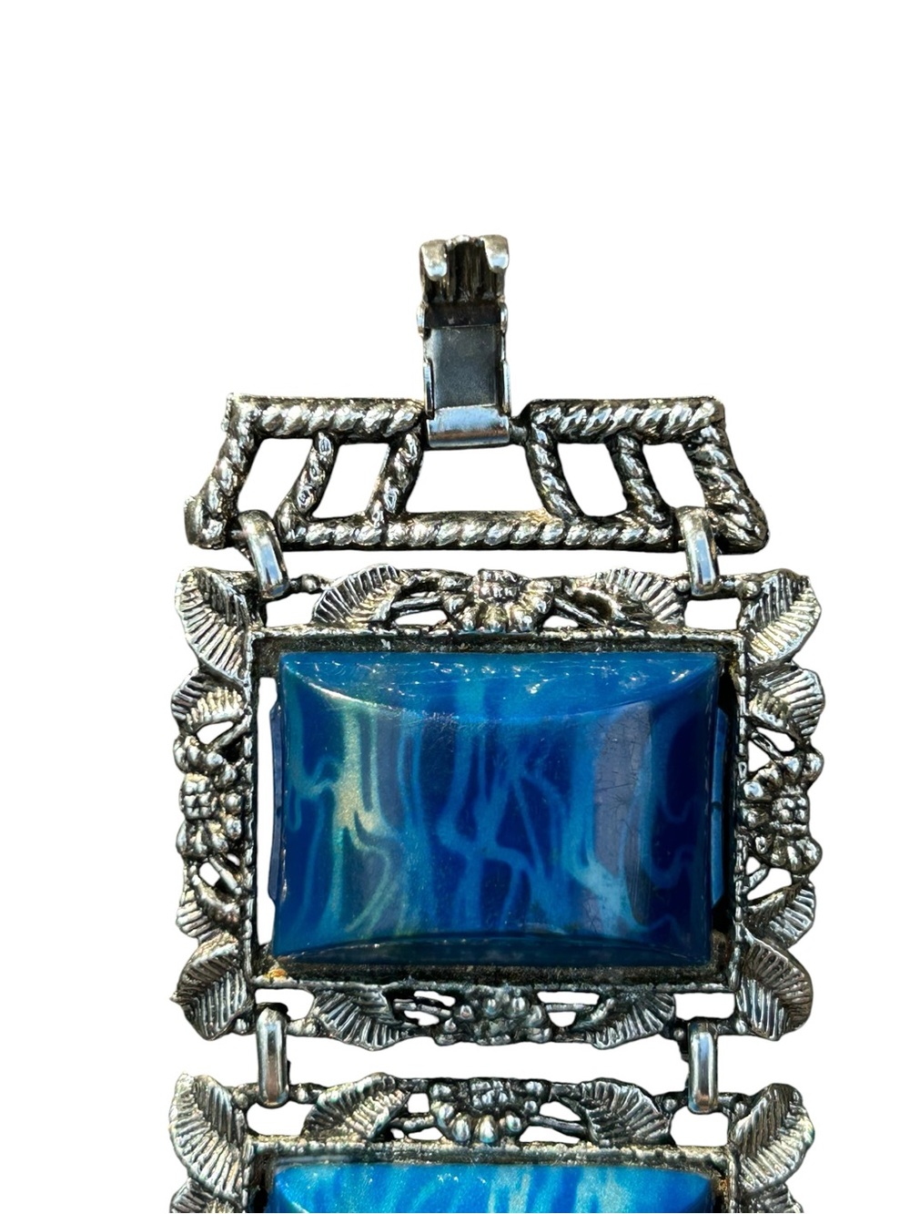 Whimsigoth Chunky Vintage Statement Bracelet  Blue Stones Scroll Work SilverTone - Picture 4 of 12